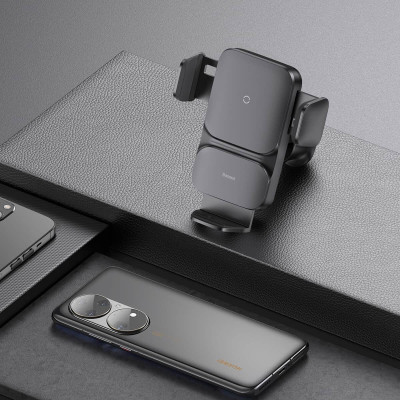 Тримач для мобiльного з БЗП Baseus Wisdom Auto Alignment Car Mount Wireless Charger（QI 15W）(Air Outlet base) Black