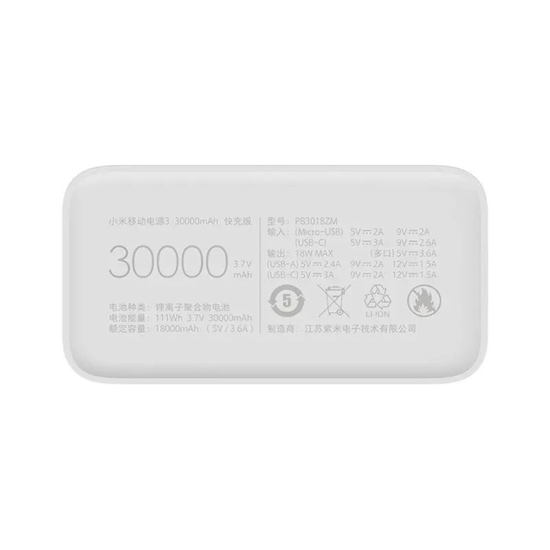 Зовнішній акумулятор Xiaomi Mi Power Bank 3 30000mAh 24W Fast Charge PB3018ZM White