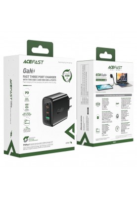 Мережевий зарядний пристрій ACEFAST A41 PD65W GaN (2*USB-C+USB-A) charger Black