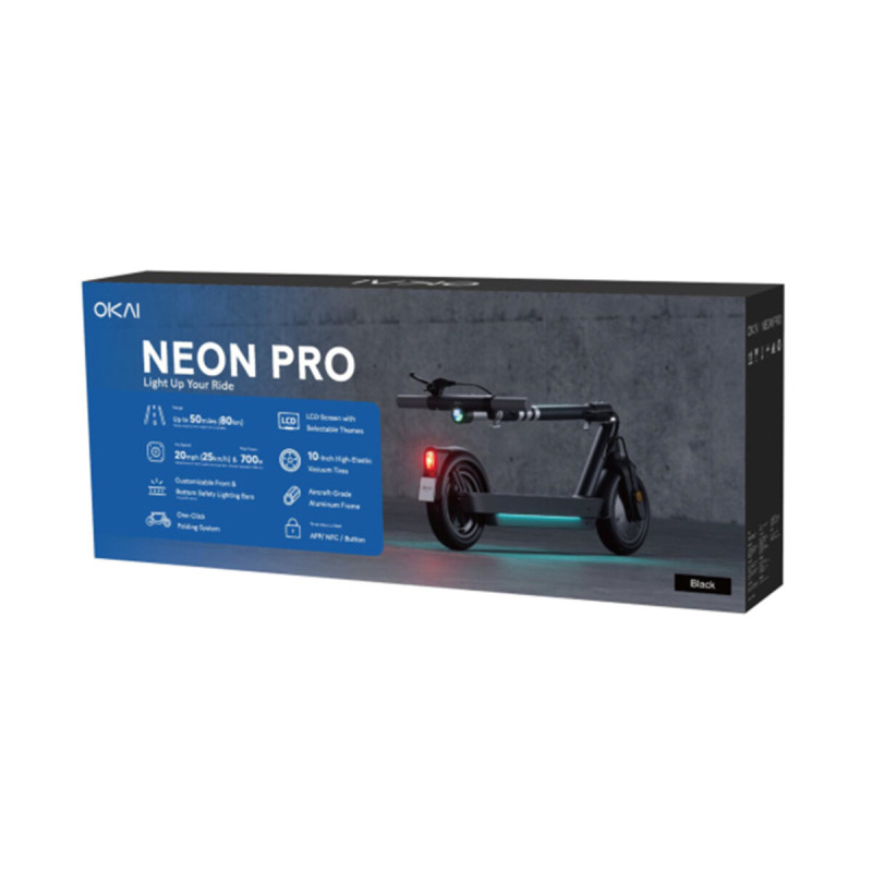 Електросамокат OKAI ES30-NEON PRO Black 10", 350(700)W, 14.7Ah, 80km, 25km\h, 25%, NFC, App, 21kg