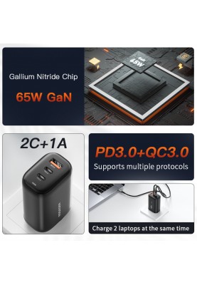 Мережевий зарядний пристрій Essager Shining 65W GaN Travelling Charger 2 Type-c+USB-A EU  black (ECT2CA-MYB01)