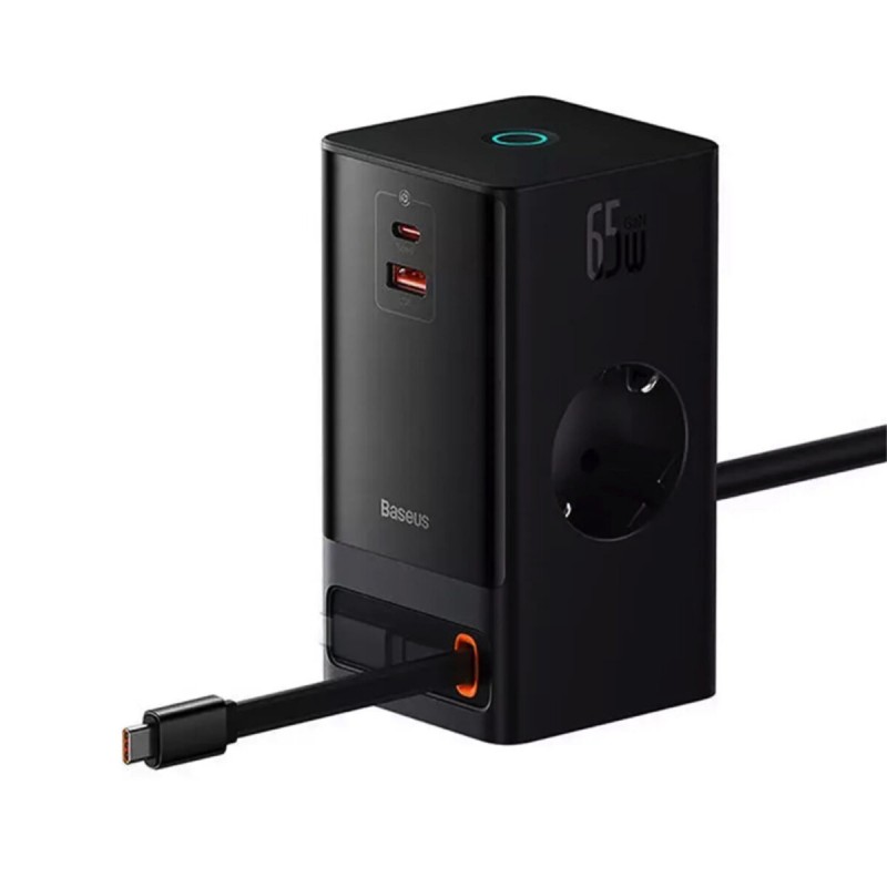 Мережевий зарядний пристрій Baseus PowerCombo Digital PowerStrip 2AC+1U+1C+Retractable-C 65W with 1.5m power cord EU Black