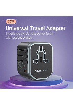 Зарядний пристрій Vention 3-Port USB (C + A + A) Universal Travel Adapter (20W/18W/18W) Black (FJCB0)
