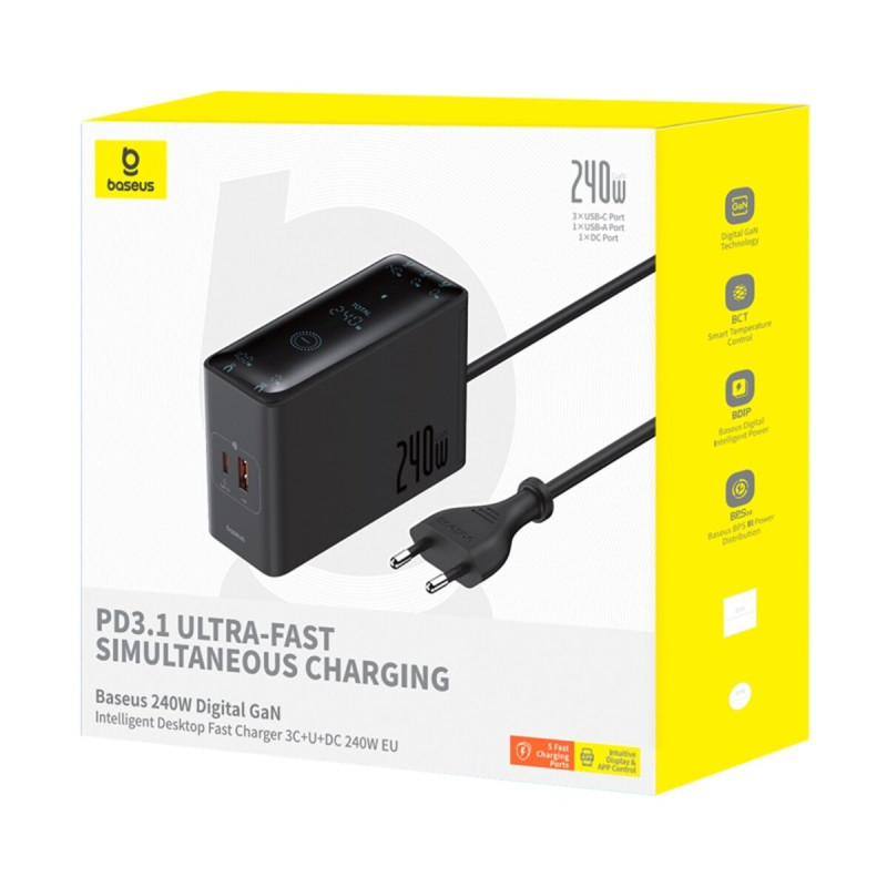 Мережевий зарядний пристрій Baseus Baseus Digital GaN Intelligent Desktop Fast Charger 3C+U+DC 240W EU Cluster Black