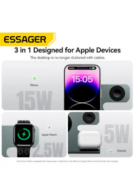 Бездротовий зарядний пристрій Essager  Ruicheng desktop magnetic suction three in one wireless charging of 15W black