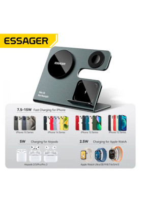 Бездротовий зарядний пристрій Essager  Ruicheng desktop magnetic suction three in one wireless charging of 15W black