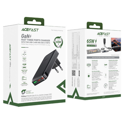 Мережевий зарядний пристрій ACEFAST A100 PD65W GaN 2C+A ultra-thin Charger Black