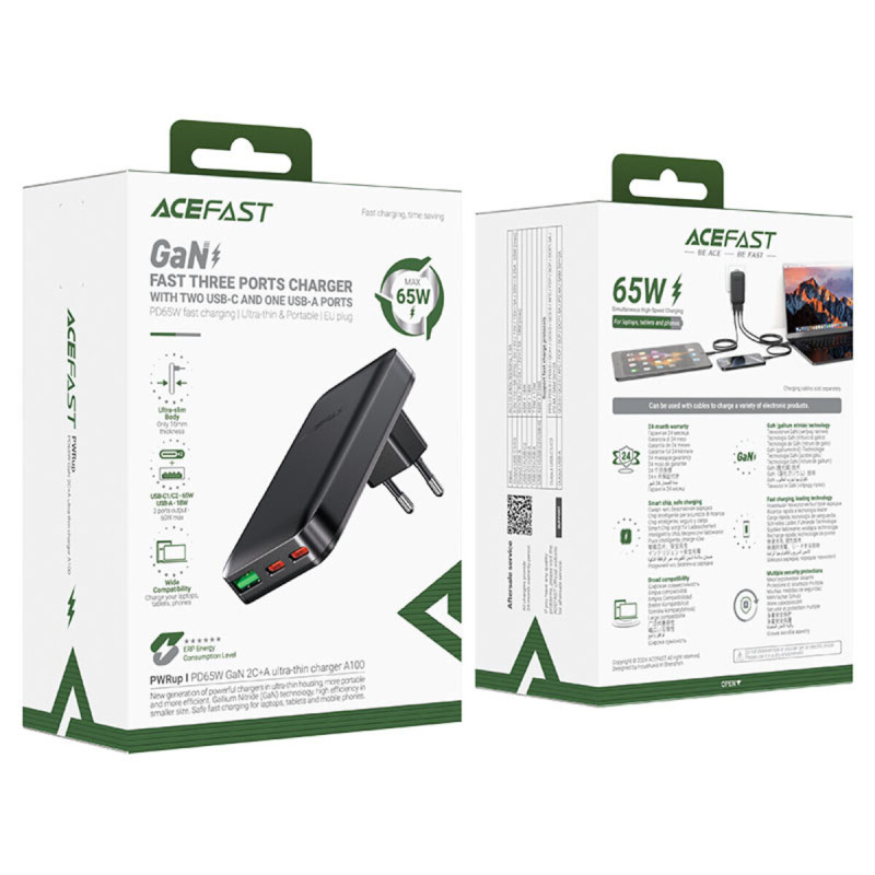Мережевий зарядний пристрій ACEFAST A100 PD65W GaN 2C+A ultra-thin Charger Black