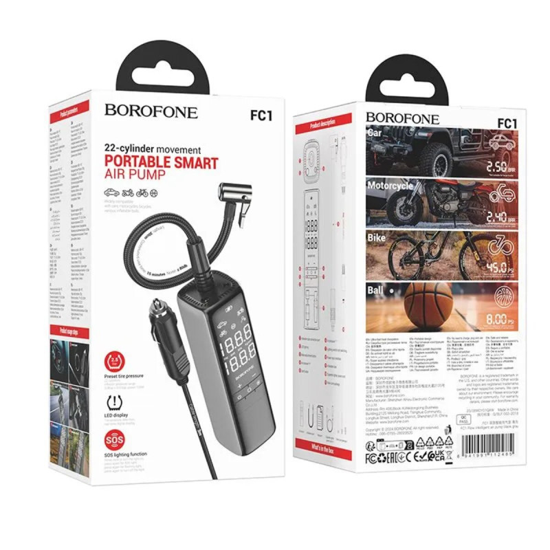 Автомобільний насос BOROFONE FC1 Flow intelligent air pump Black Gray