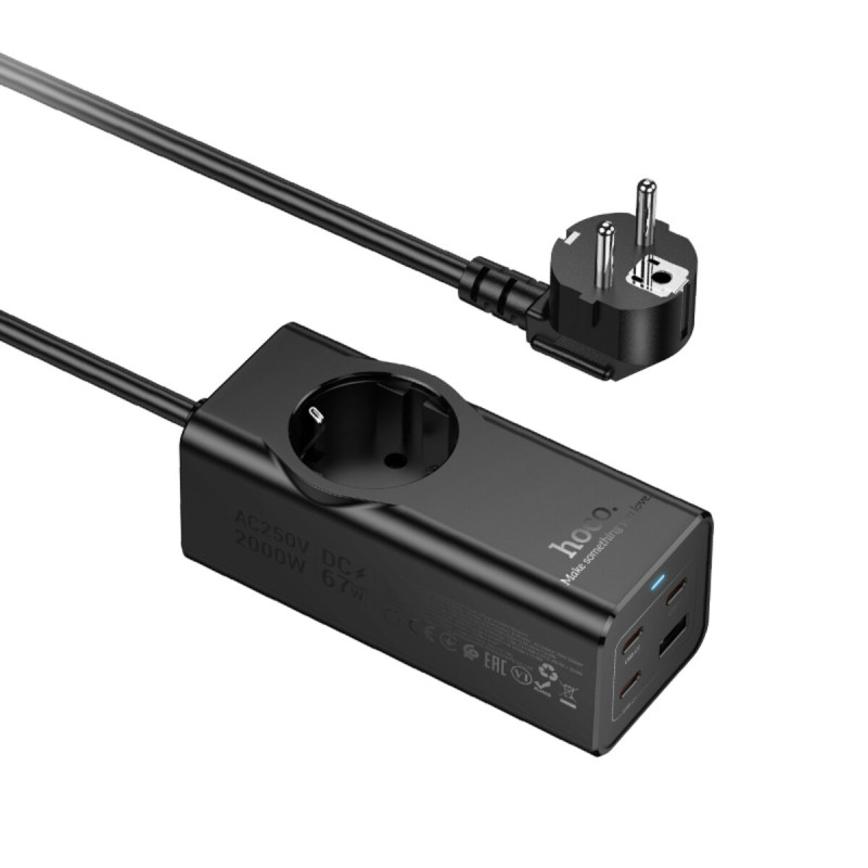 Мережевий подовжувач HOCO NS9 Wisdom 1-position (PD67W/3C1A) desktop socket (EU/GER) Black