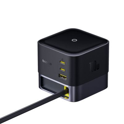 Мережевий зарядний пристрій Baseus Super GaN Desktop Charger with Retractable Cable 3C+U 100W EU Cosmic Black