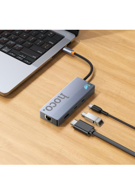USB-хаб HOCO HB52 Wow 8-in-1 multi-function converter (HDTV+RJ45+SD/TF+PD+Type-C3.0+USB3.0*2) Deep Space Gray