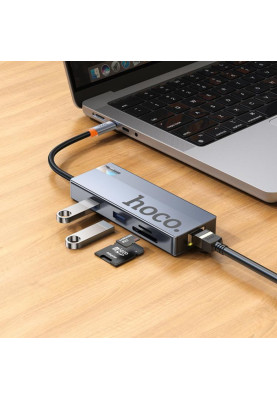 USB-хаб HOCO HB52 Wow 8-in-1 multi-function converter (HDTV+RJ45+SD/TF+PD+Type-C3.0+USB3.0*2) Deep Space Gray