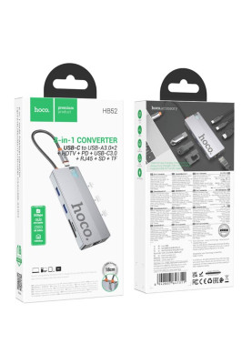 USB-хаб HOCO HB52 Wow 8-in-1 multi-function converter (HDTV+RJ45+SD/TF+PD+Type-C3.0+USB3.0*2) Deep Space Gray