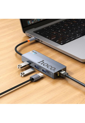 USB-хаб HOCO HB51 Wow 6-in-1 multi-function converter (HDTV+RJ45+PD+USB3.0*3) Deep Space Gray