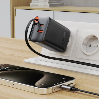 Мережевий зарядний пристрій ACEFAST A111 PD67W GaN charger(2*USB-C+USB-A) with retractable cable Black