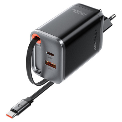 Мережевий зарядний пристрій ACEFAST A111 PD67W GaN charger(2*USB-C+USB-A) with retractable cable Black