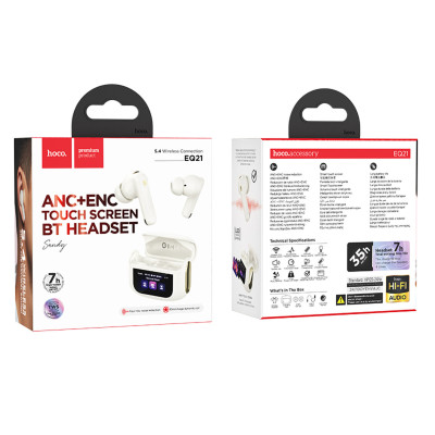 Бездротові навушники HOCO EQ21 Sandy true wireless ANC+ENC noise reduction touch screen BT headset Cloudy White