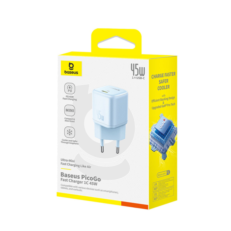 Мережевий зарядний пристрій Baseus PicoGo GaN Fast Charger 1C 45W EU Galaxy Blue