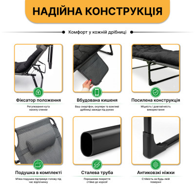 Розкладне ліжко до 150 кг з подушкою LEOBRO Темно-сіре Розкладне ліжко до 150 кг з подушкою LEOBRO Темно-сіре