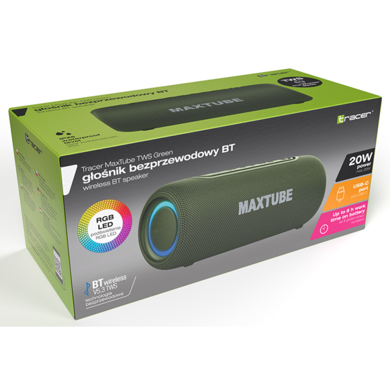 Bluetooth колонка Tracer MaxTube TWS Green 20W (TRAGLO47359)