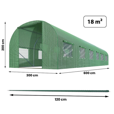 Теплица Plonos 18m2 – сквозной проход, окна, прочный каркас 600х300х200 см (Зеленая) (4976-В)