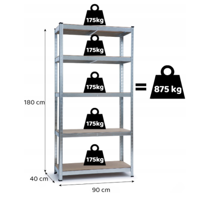 Стелаж LEOBRO 180 х 90 х 40 см, 175кг/полиця, 5 полиць (LB-R175-GAL)