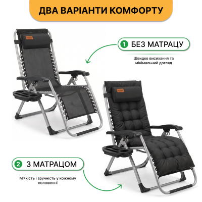 Розкладне крісло шезлонг LEOBRO Zero Gravity Premium Plus Чорне (LB-ZGC-E1-BLK)