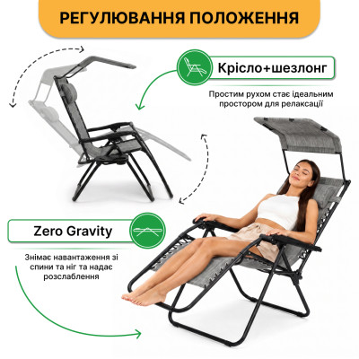 Розкладне крісло шезлонг із козирком LEOBRO Zero Gravity Dark Grey (LB-ZGC-H1-DGR)