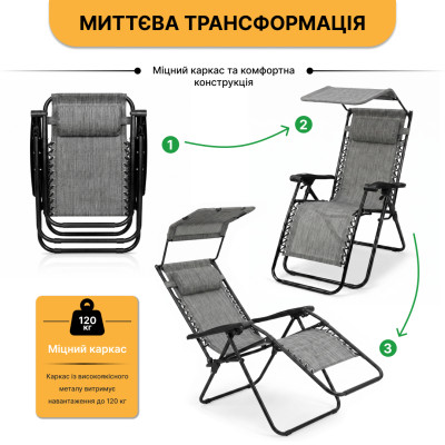 Розкладне крісло шезлонг із козирком LEOBRO Zero Gravity Dark Grey (LB-ZGC-H1-DGR)
