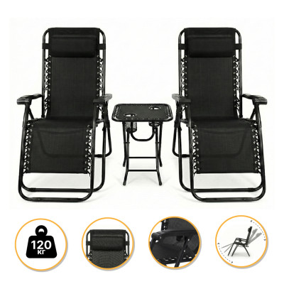 Комплект 2-а розкладні крісла-шезлонга + столик Zero Gravity LEOBRO Чорний (LB-ZGT-F3-BLK)