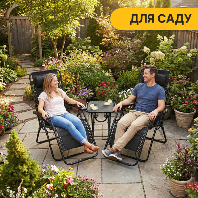 Комплект 2-а розкладні крісла-шезлонга + столик Zero Gravity LEOBRO Чорний (LB-ZGT-F3-BLK)