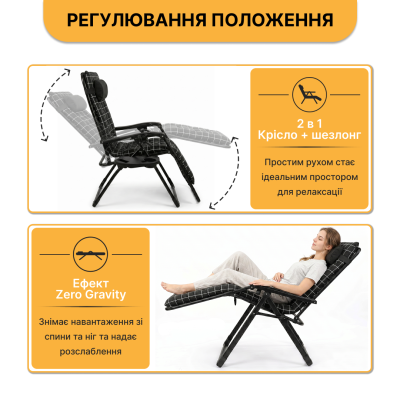 Розкладний посилений шезлонг до 150 кг LEOBRO Zero Gravity Premium Plus з велюровим матрацом (LB-ZGC-K3-PAT)