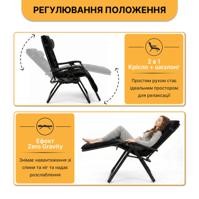 Розкладний посилений шезлонг до 150 кг LEOBRO Zero Gravity Premium Plus Black з велюровим матрацом (LB-ZGC-K3-BLK)