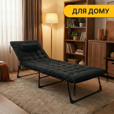 Розкладне ліжко (розкладачка) з оксамитовим матрацом і подушкою LEOBRO Black (LB-FB-A3-BLK)