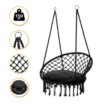 Підвісне плетене крісло-гойдалка LEOBRO Boho XL 80 см Black з подушкою (LB-1105) Підвісне плетене крісло-гойдалка LEOBRO Boho XL 80 см Black з подушкою (LB-1105)