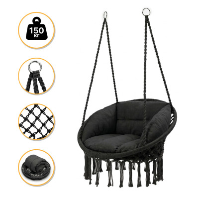 Підвісне плетене крісло-гойдалка LEOBRO Boho Deluxe XL 80 см Black (LB-1111)