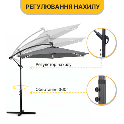 Складна садова парасоля з боковим подовжувачем та LED підсвіткою LEOBRO Сіра (LB-1083) Складна садова парасоля з боковим подовжувачем та LED підсвіткою LEOBRO Сіра (LB-1083)