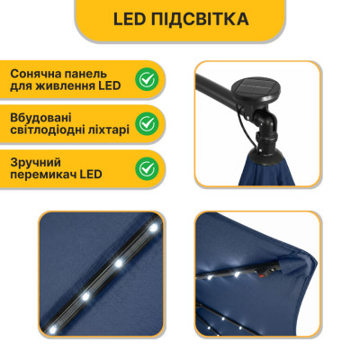 Складна садова парасоля з боковим подовжувачем та LED підсвіткою LEOBRO Синя (LB-1086) Складна садова парасоля з боковим подовжувачем та LED підсвіткою LEOBRO Синя (LB-1086)
