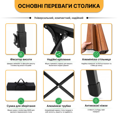 Розкладний туристичний стіл LEOBRO Pro Camp Wood Alu (LB-1063)