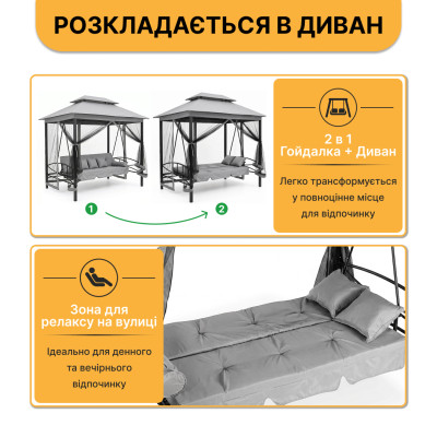 Садова гойдалка з подушками та москитною сіткою LEOBRO Elit Grey (LB-1098) Садова гойдалка з подушками та москитною сіткою LEOBRO Elit Grey (LB-1098)