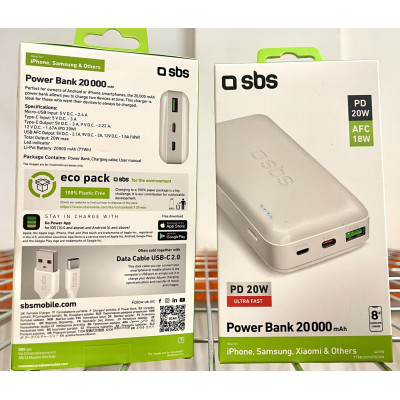 Зовнішній акумулятор SBS Powerbank 20000 mAh White (TTBB20000PD20W)