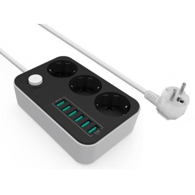 Фільтр мережевий ColorWay, 3 розетки, 1.8 м, Black, 6xUSB (3.4A), 10A, дріт з міді (до 2500 Вт), захисні шторки (CW-CHE36B)