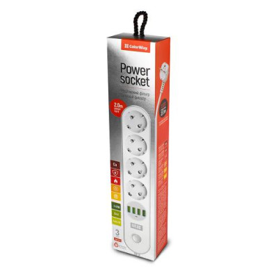 Фільтр мережевий ColorWay, 4 розетки, 2 м, White, 4xUSB (3.4A), дріт з міді (до 2500 Вт), 10A, захисні шторки (CW-CHE44W)