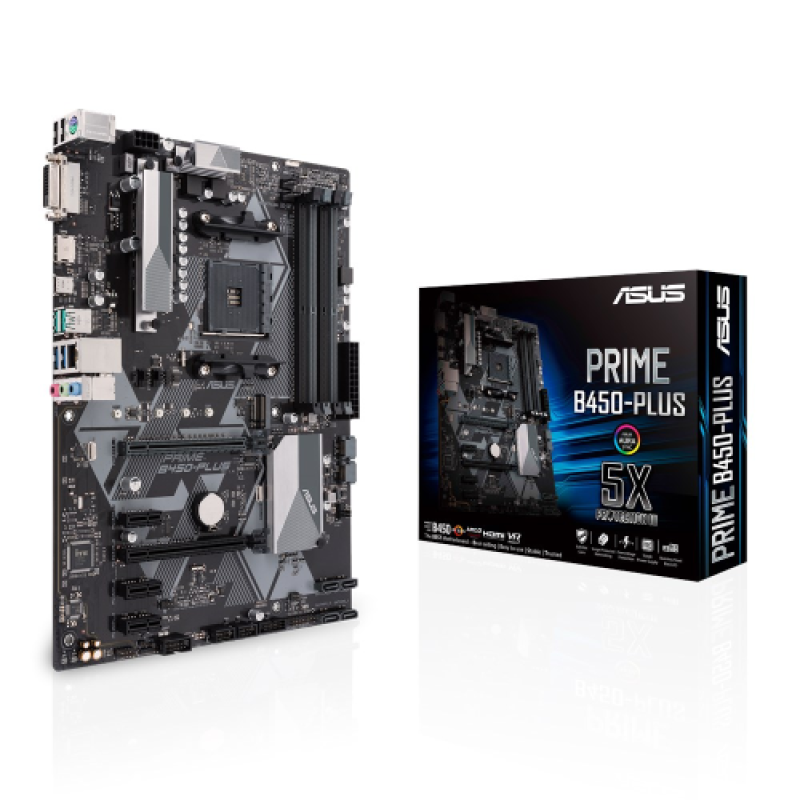 Мат.плата AM4 (B450) Asus PRIME B450-PLUS, B450, 4xDDR4, CrossFire, Int.Video(CPU), 6xSATA3, 1xM.2, 1xPCI-E 16x 3.0, 1xPCI-E 16x 2.0, 3xPCI-E 1x 2.0, ALC887-VD2, RTL8111H, 6xUSB3.1/8xUSB2.0, DVI-D/HDMI, ATX