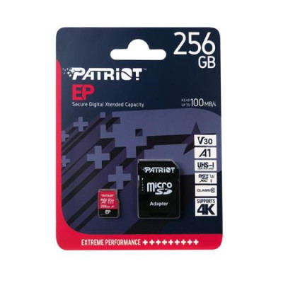 Карта пам'яті microSDXC, 256Gb, Patriot EP, Class10 UHS-I U3 V30 A1, SD адаптер, до 90/80 МБ/с (PEF256GEP31MCX)
