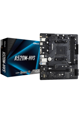 Мат.плата AM4 (A520) ASRock A520M-HVS, A520, 2xDDR4, Int.Video(CPU), 4xSATA3, 1xM.2, 1xPCI-E 16x 3.0, 1xPCI-E 1x 3.0, ALC887, RTL8111H, 6xUSB3.2/6xUSB2.0, VGA/HDMI, MicroATX