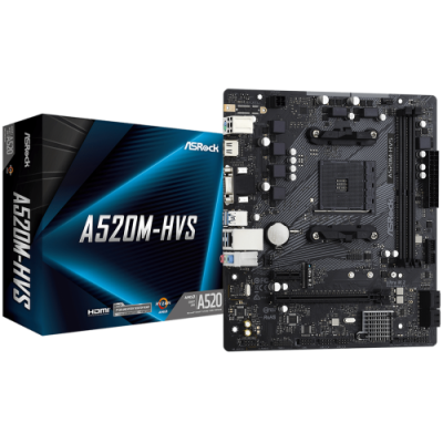 Мат.плата AM4 (A520) ASRock A520M-HVS, A520, 2xDDR4, Int.Video(CPU), 4xSATA3, 1xM.2, 1xPCI-E 16x 3.0, 1xPCI-E 1x 3.0, ALC887, RTL8111H, 6xUSB3.2/6xUSB2.0, VGA/HDMI, MicroATX