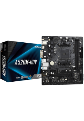 Мат.плата AM4 (A520) ASRock A520M-HDV, A520, 2xDDR4, Int.Video(CPU), 4xSATA3, 1xM.2, 1xPCI-E 16x 3.0, 1xPCI-E 1x 3.0, ALC887, RTL8111H, 6xUSB3.2/6xUSB2.0, VGA/DVI-D/HDMI, MicroATX