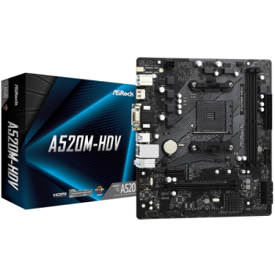 Мат.плата AM4 (A520) ASRock A520M-HDV, A520, 2xDDR4, Int.Video(CPU), 4xSATA3, 1xM.2, 1xPCI-E 16x 3.0, 1xPCI-E 1x 3.0, ALC887, RTL8111H, 6xUSB3.2/6xUSB2.0, VGA/DVI-D/HDMI, MicroATX